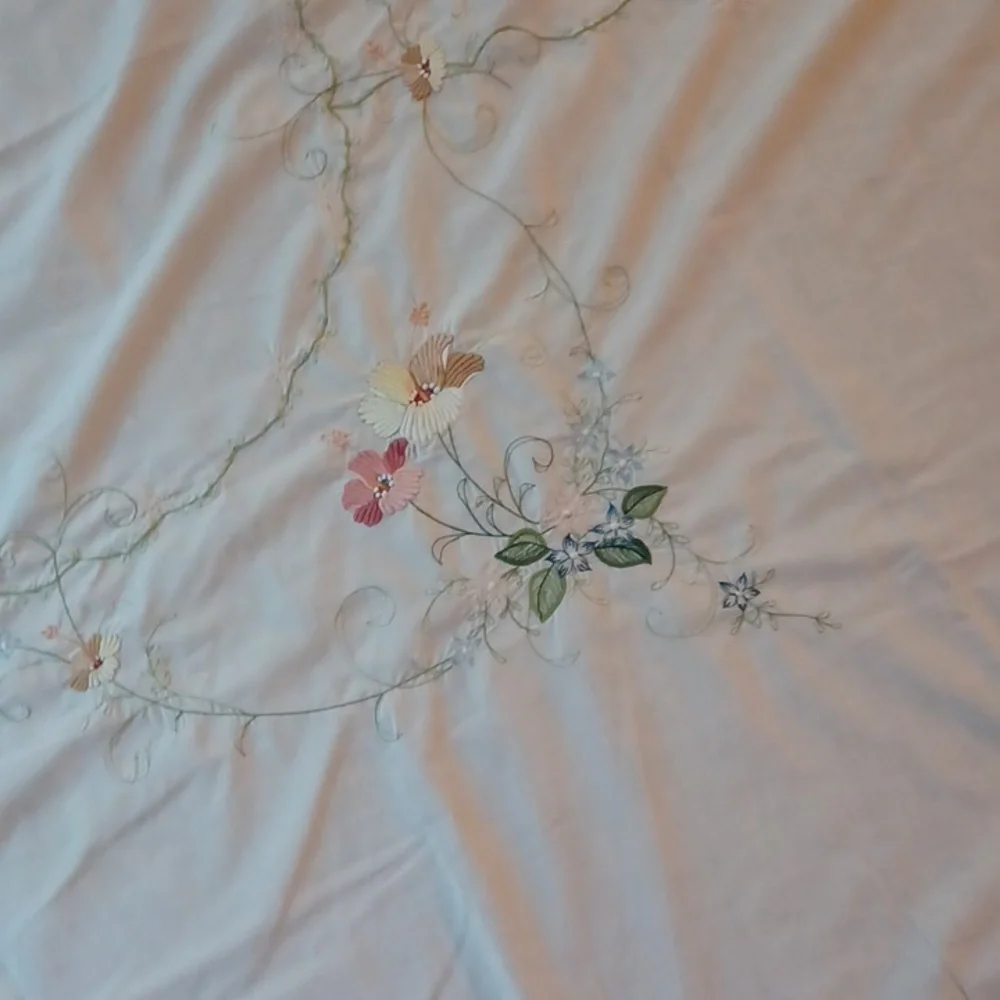 Vintage Needle Piont Floral Embroidered Tablecloth - Oval 64Wx78 L